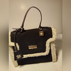 Badgley Mischka Black Satchel with Cream Shearling Trim